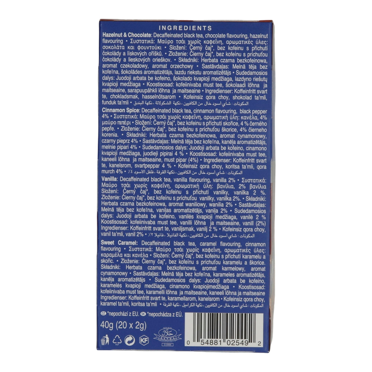 Schwarztee Ahmad Tea | Decaffeinated Indulgent Selection | Koffeinfreie Auswahl aromatisierter Schwarztees | 4 Sorten à 5 Teebeutel
