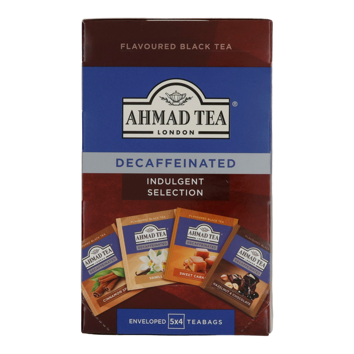 Schwarztee Ahmad Tea | Decaffeinated Indulgent Selection | Koffeinfreie Auswahl aromatisierter Schwarztees | 4 Sorten à 5 Teebeutel