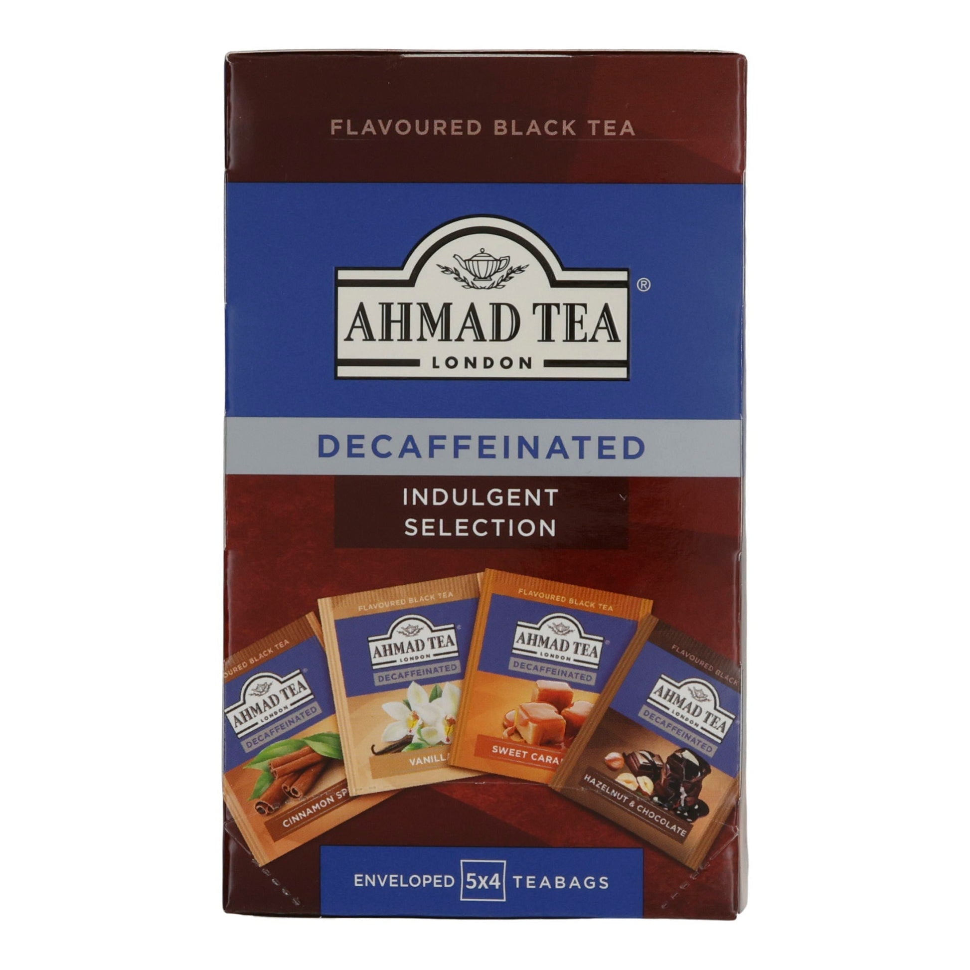 Schwarztee Ahmad Tea | Decaffeinated Indulgent Selection | Koffeinfreie Auswahl aromatisierter Schwarztees | 4 Sorten à 5 Teebeutel AHMAD TEA