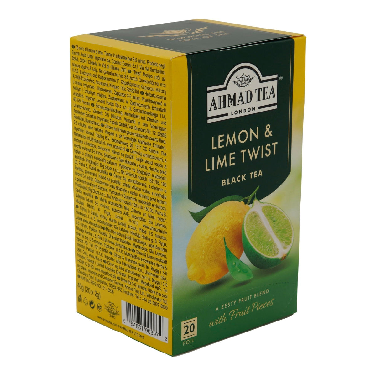 Schwarztee Ahmad Tea | Lemon & Lime Twist | Zitrus-Aroma mit Fruchtstücken | 20 Teebeutel | 40g