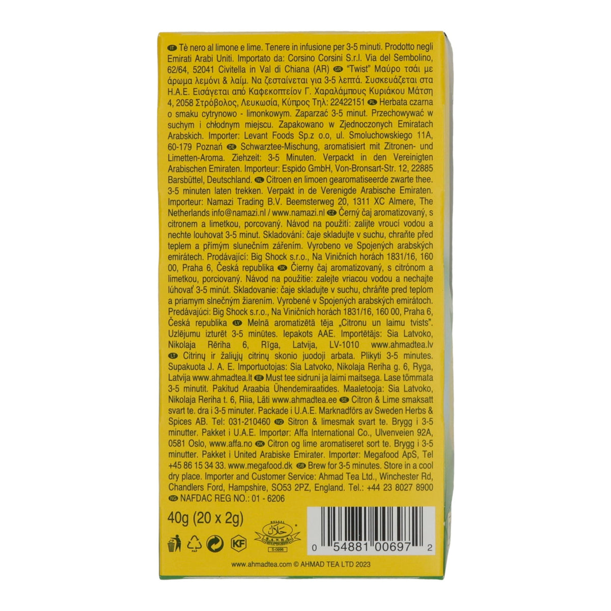 Schwarztee Ahmad Tea | Lemon & Lime Twist | Zitrus-Aroma mit Fruchtstücken | 20 Teebeutel | 40g
