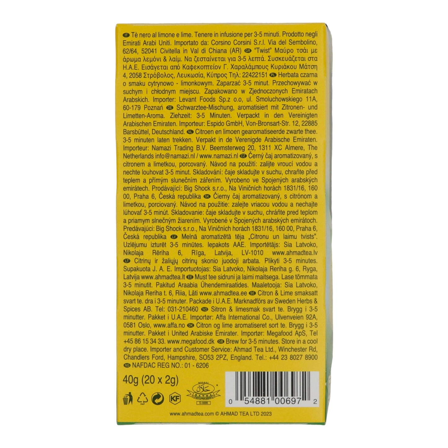 Schwarztee Ahmad Tea | Lemon & Lime Twist | Zitrus-Aroma mit Fruchtstücken | 20 Teebeutel | 40g