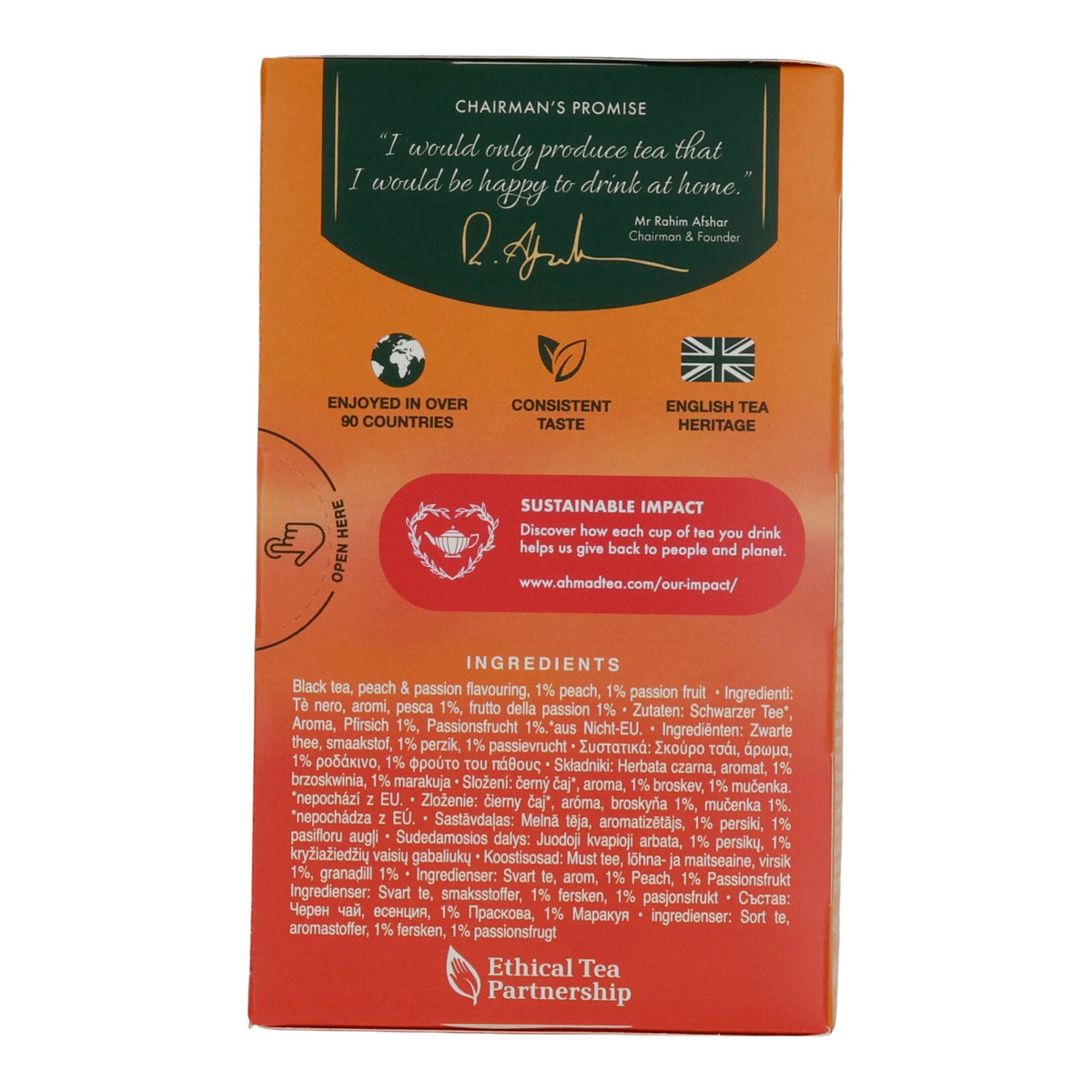 Schwarztee Ahmad Tea | Peach & Passion Fruit | Aromatisierter Schwarztee mit Pfirsich- und Passionsfruchtstücken | 20 Teebeutel AHMAD TEA