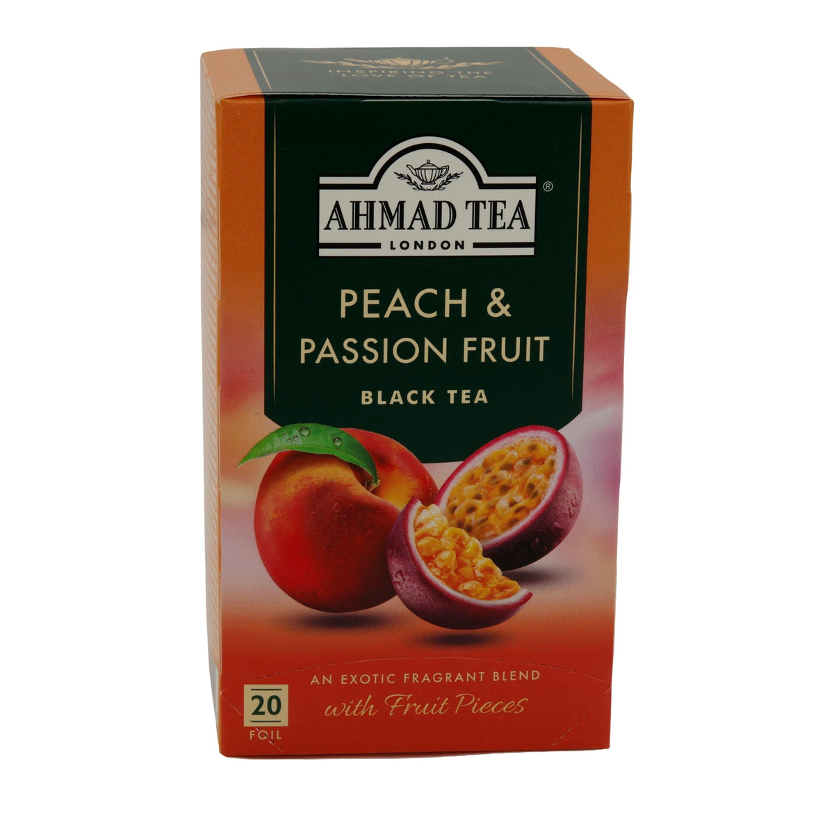 Schwarztee Ahmad Tea | Peach & Passion Fruit | Aromatisierter Schwarztee mit Pfirsich- und Passionsfruchtstücken | 20 Teebeutel AHMAD TEA