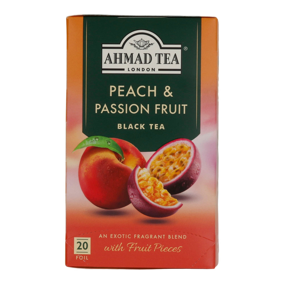 Schwarztee Ahmad Tea | Peach & Passion Fruit | Aromatisierter Schwarztee mit Pfirsich- und Passionsfruchtstücken | 20 Teebeutel AHMAD TEA