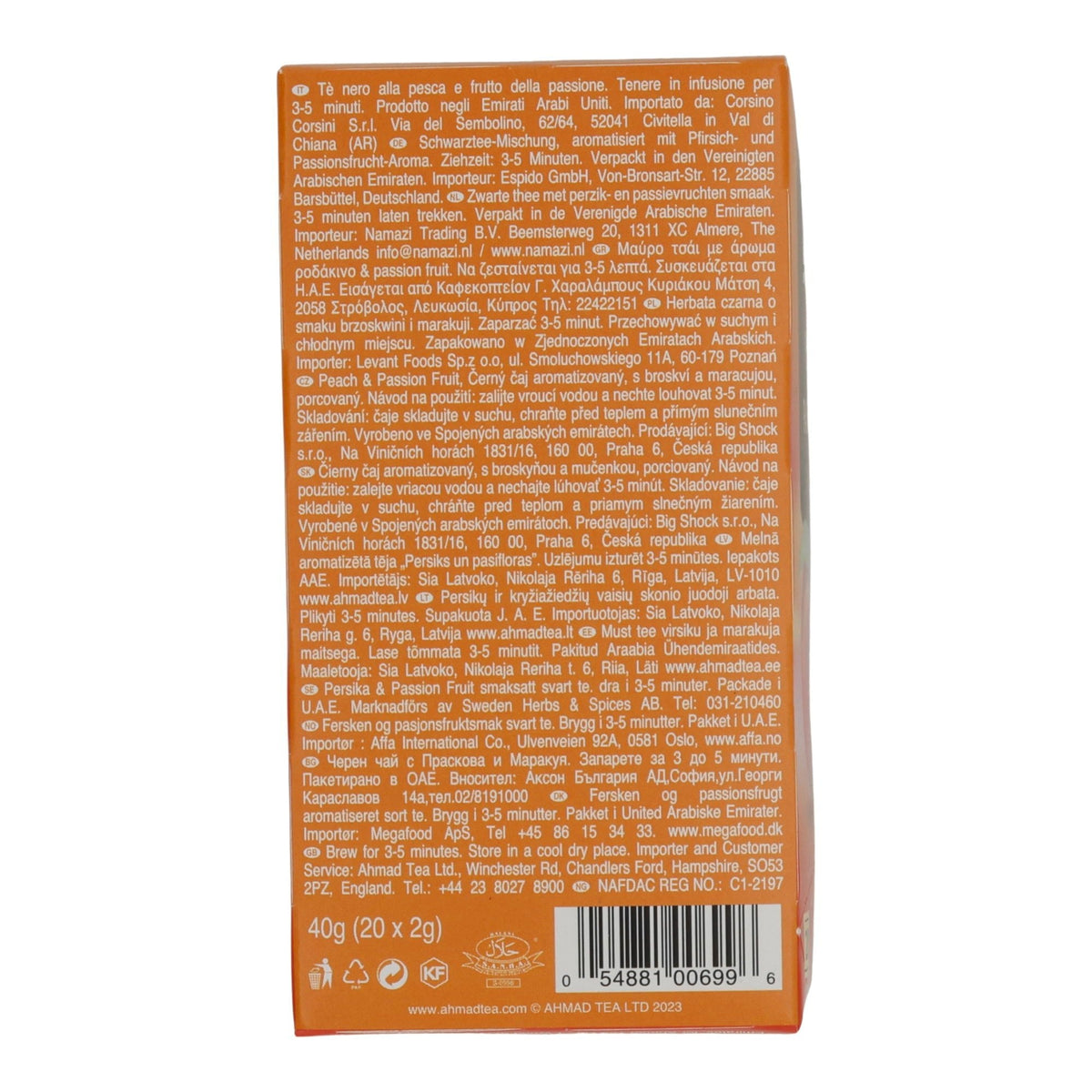 Schwarztee Ahmad Tea | Peach & Passion Fruit | Aromatisierter Schwarztee mit Pfirsich- und Passionsfruchtstücken | 20 Teebeutel AHMAD TEA