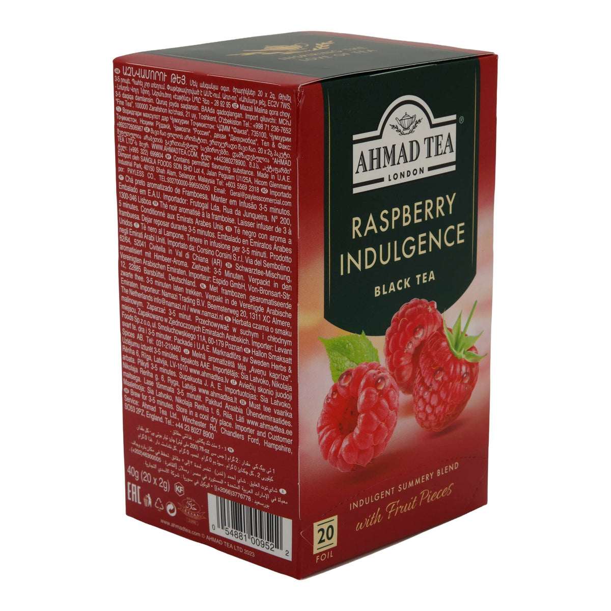 Schwarztee Ahmad Tea | Raspberry Indulgence | Aromatisierter Schwarzer Tee mit Himbeerstücken | 20 Teebeutel AHMAD TEA
