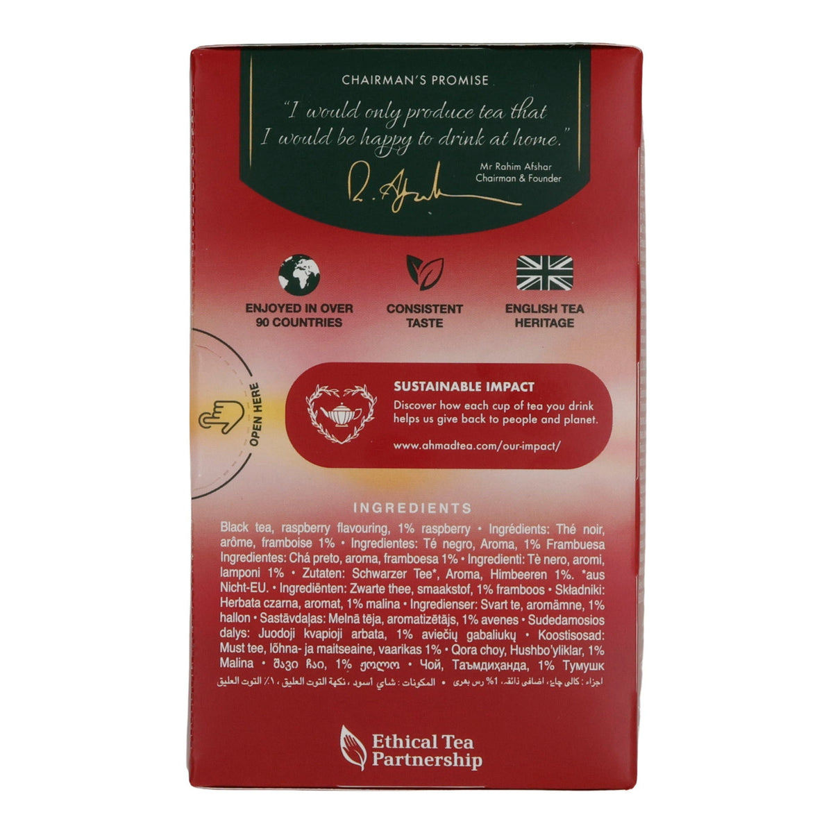 Schwarztee Ahmad Tea | Raspberry Indulgence | Aromatisierter Schwarzer Tee mit Himbeerstücken | 20 Teebeutel AHMAD TEA