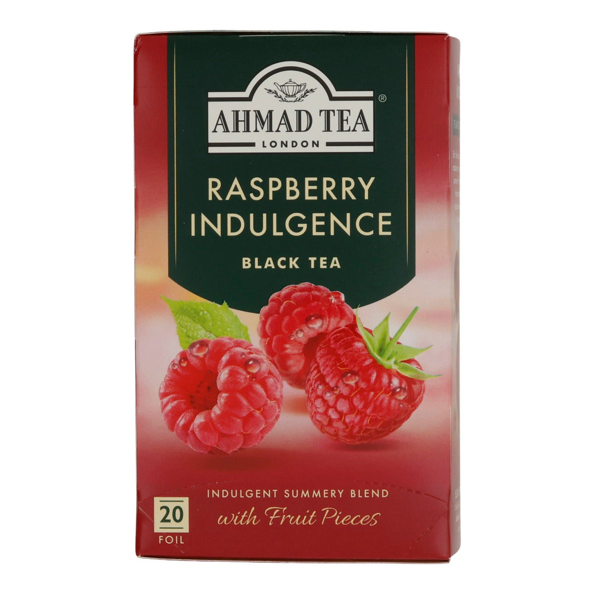 Schwarztee Ahmad Tea | Raspberry Indulgence | Aromatisierter Schwarzer Tee mit Himbeerstücken | 20 Teebeutel AHMAD TEA
