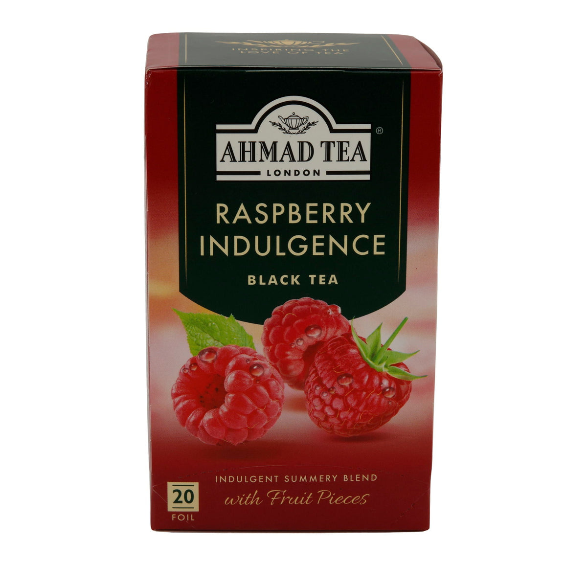 Schwarztee Ahmad Tea | Raspberry Indulgence | Aromatisierter Schwarzer Tee mit Himbeerstücken | 20 Teebeutel AHMAD TEA