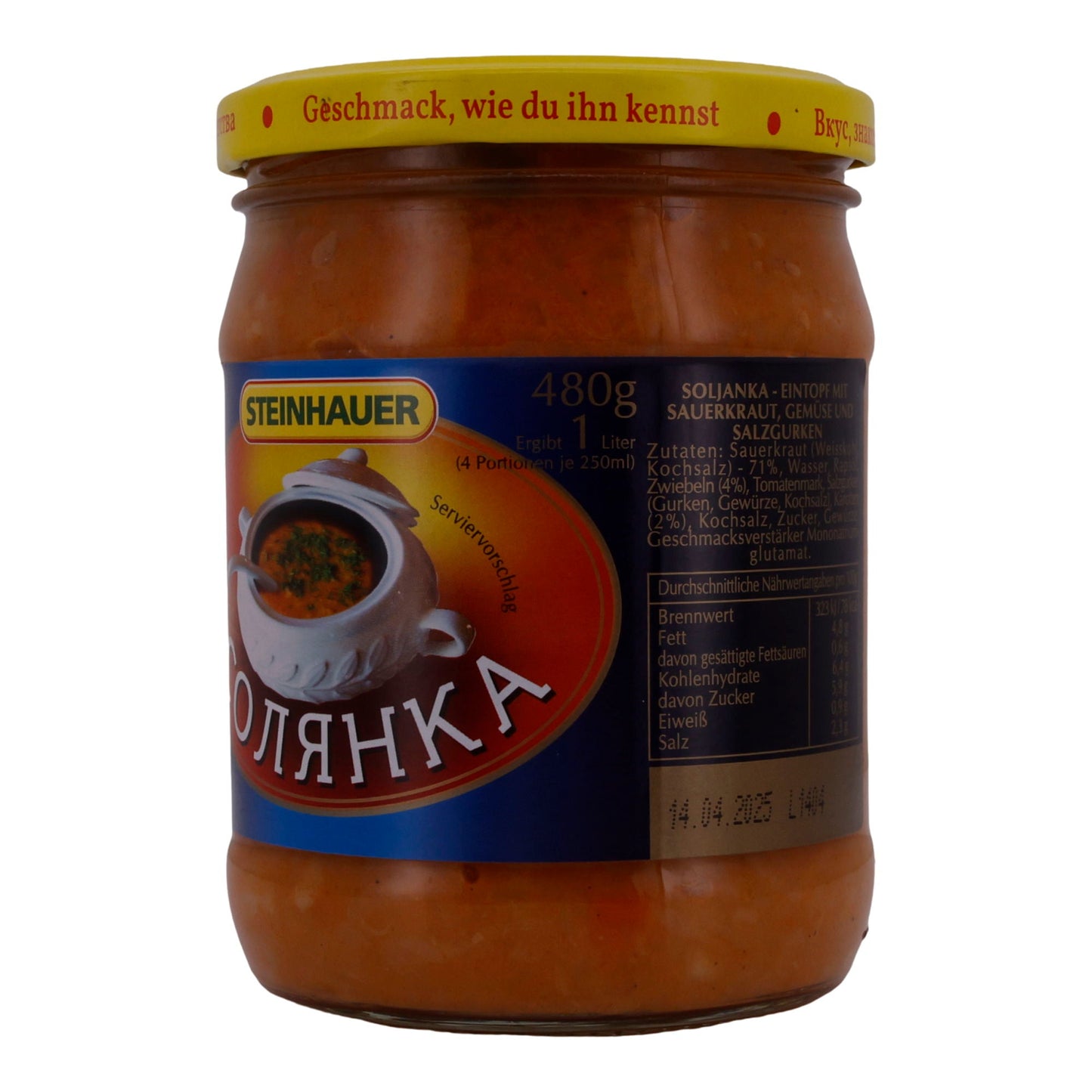 Soljanka Steinhauer | Eintopf mit Sauerkraut | Mit Gemüse und Salzgurken | 480 g Glas