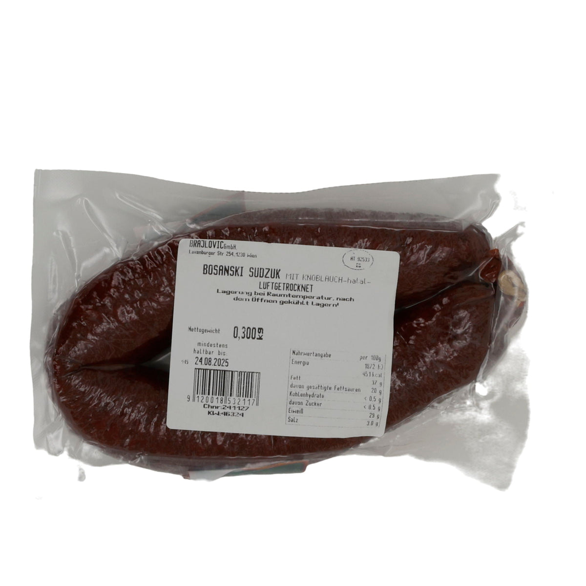 Wurst Brajlović Sudzuk mit Knoblauch | Luftgetrocknet | Aus Bosnien | 300 g BRAJLOVIC