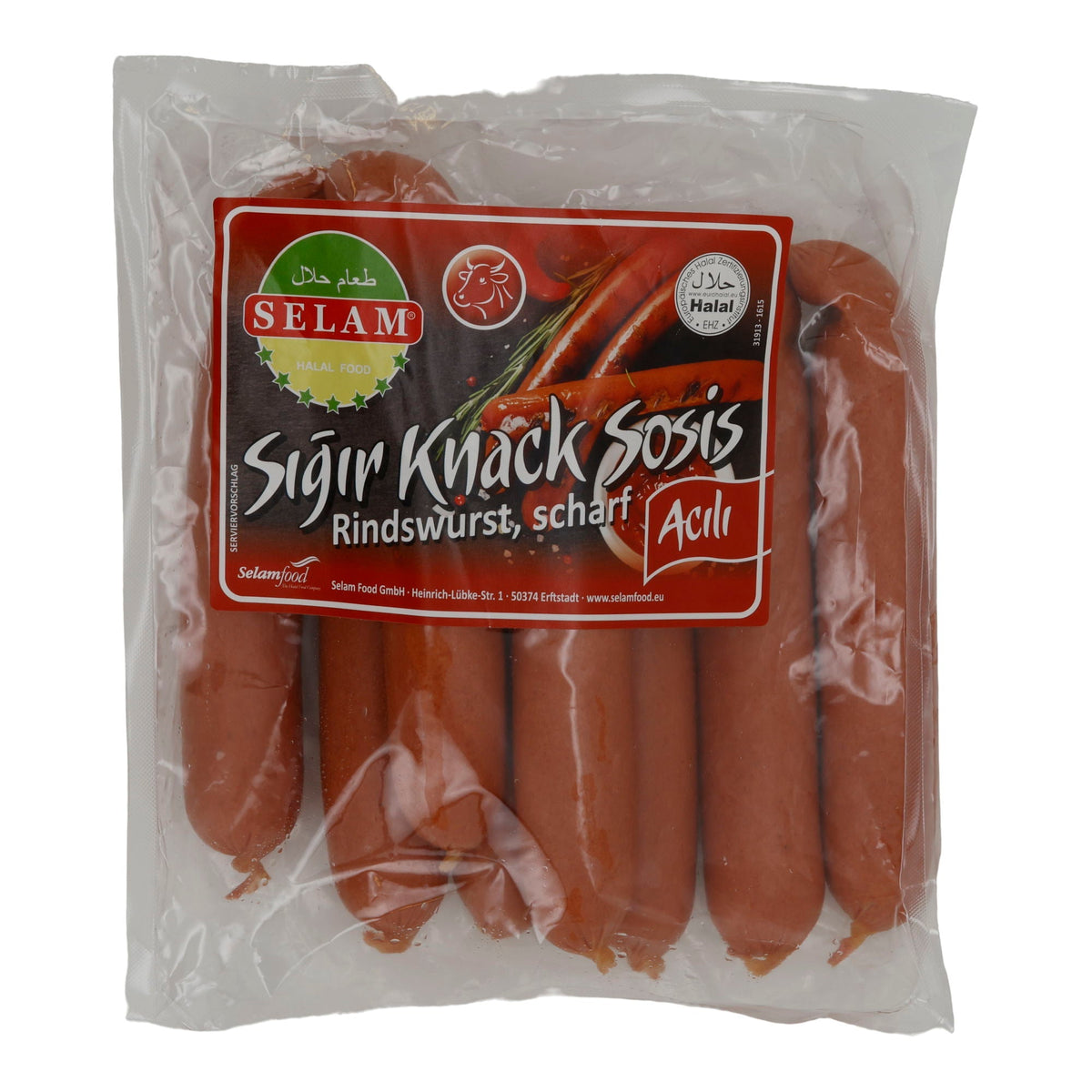 Würstchen Selam | Sığır Knack Sosis Acılı | Scharf, Halal-Rindswürste | 800 g SELAM