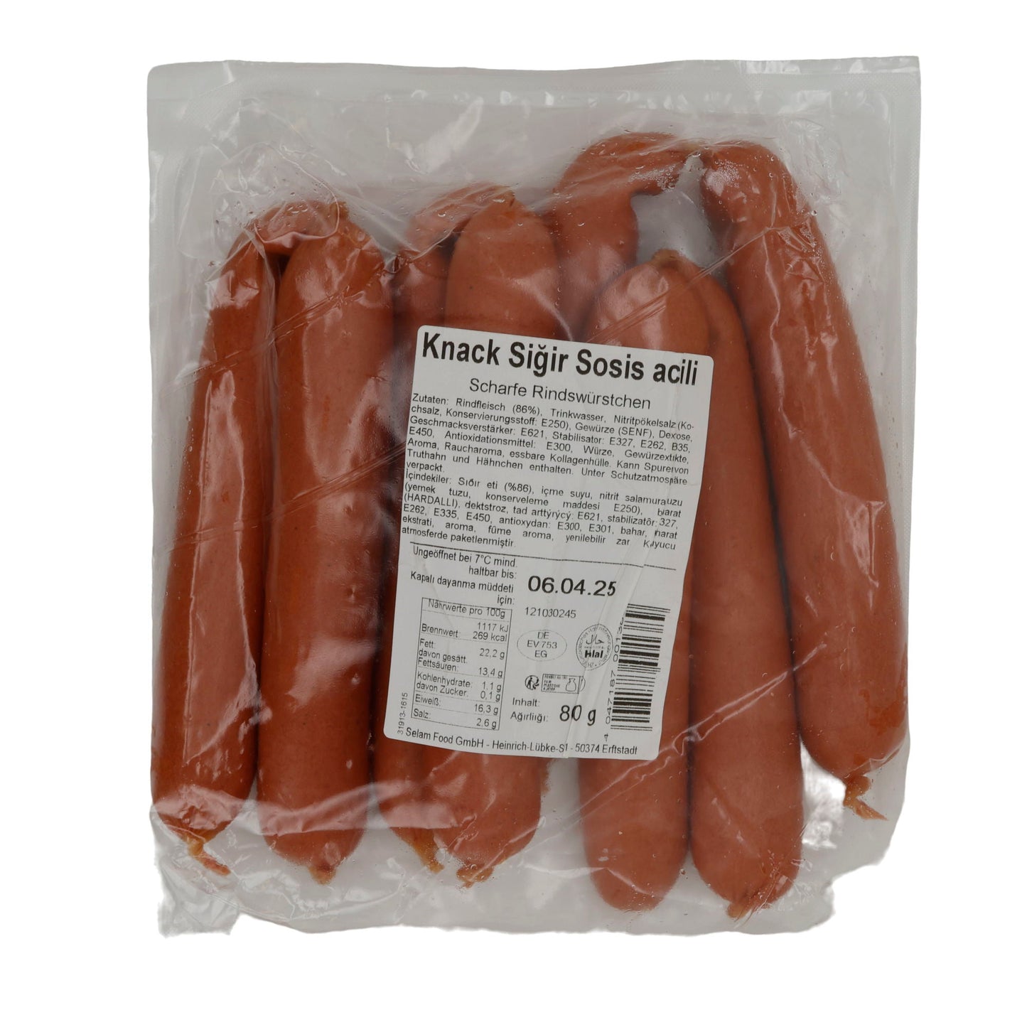 Würstchen Selam | Sığır Knack Sosis Acılı | Scharf, Halal-Rindswürste | 800 g