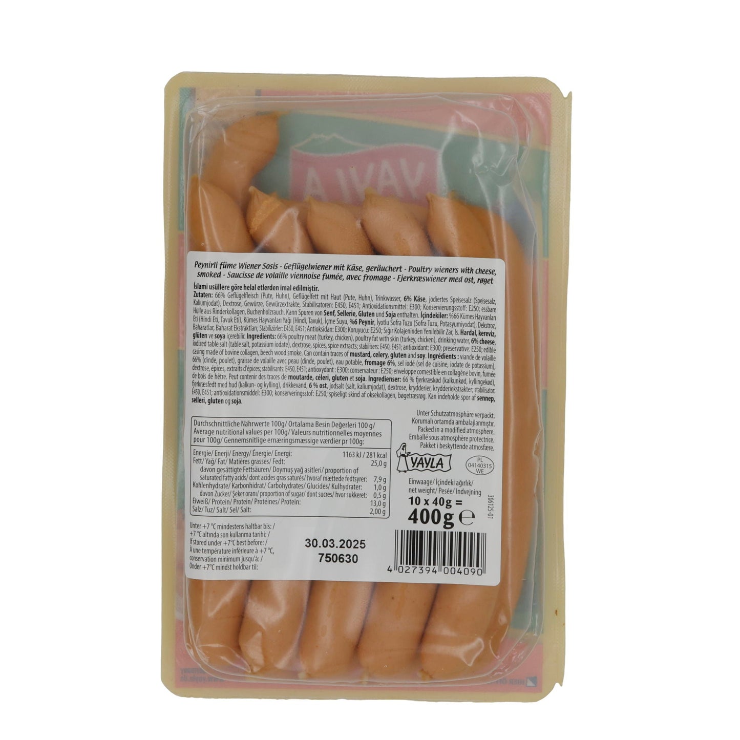 Würstchen Yayla | Peynirli Wiener Sosis | Geräuchert, Geflügel, mit Käse, Halal | 400 g
